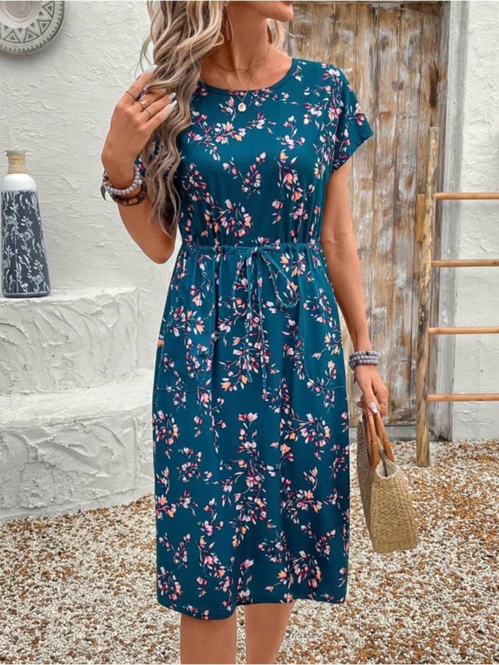 Teal Floral Tie-Waist Midi Dress